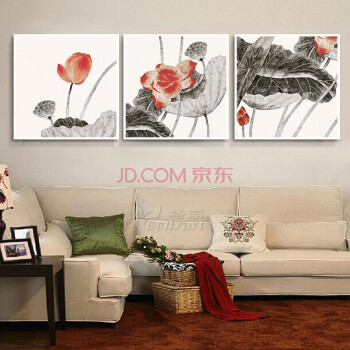 Timax装饰画中式客厅荷花国画书房沙发背景墙画挂画莲 电表箱玄关餐厅花卉壁画现代简约装饰 红荷三联画配枣红框 40*40cm有框画