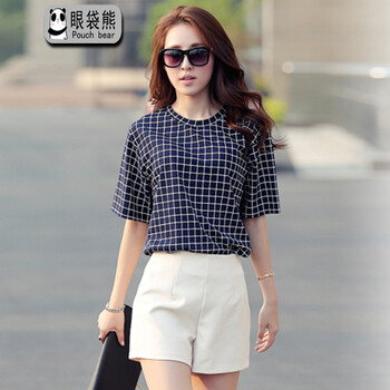 眼袋熊 2014夏装<em>欧洲站短裤</em>休闲套装<em>格子时尚</em>