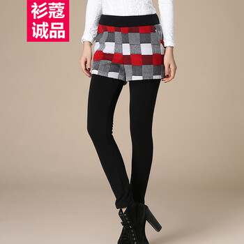 衫蔻诚品  2015秋冬新款女裤韩版格子纯棉加绒加厚假两件打底裤长裤外搭短裤保暖休闲裤 红色格子 XXL