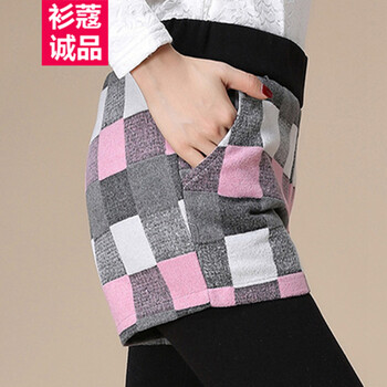 衫蔻诚品  2015秋冬新款女裤韩版格子纯棉加绒加厚假两件打底裤长裤外搭短裤保暖休闲裤 红色格子 XXL