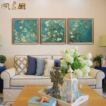 
                                        凤之舞 名画梵高手绘油画花卉盛开的杏花欧式客厅油画别墅挂画玄关装饰画三联 欧式框3 80x60                