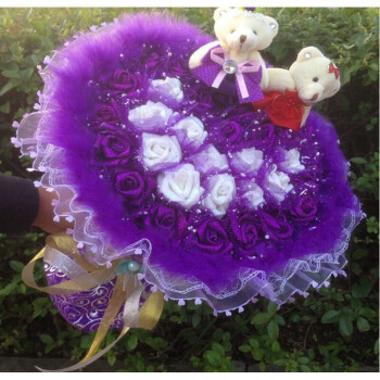 小熊99朵蓝色妖姬仿真玫瑰花假花生日表白求婚爱心 34朵紫色心形款