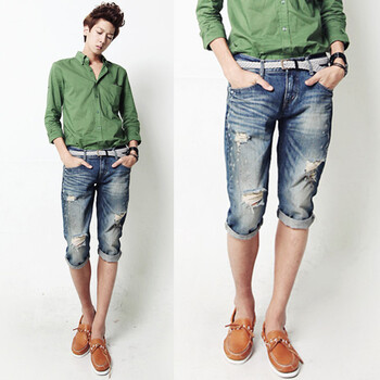 C2潮朝 2014夏装新款韩版<em>男式牛仔短裤</em>水洗磨