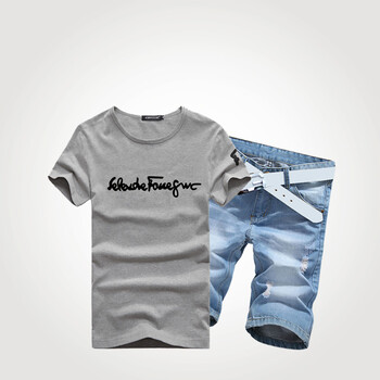 2014夏装新款韩版<em>男士牛仔短裤</em>T恤套装修身时