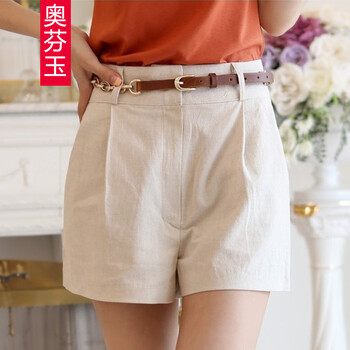 奥芬玉 夏季新款高腰<em>阔腿</em>棉麻<em>女士短裤</em> 白色 L
