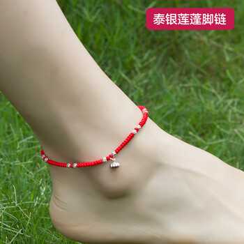 gde 925银转运珠红绳脚链 手工编织时尚女士脚链 情侣泰银饰品 黑色光