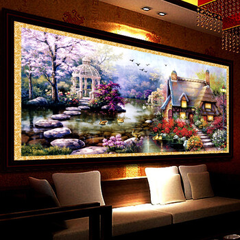 
                                        花园小屋钻石画圆钻满钻 欧式新款5D贴钻十字绣 客厅方钻钻石绣 150*78 厘米水晶圆钻 满钻                