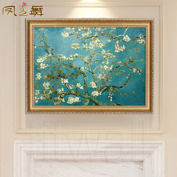 
                                        凤之舞 名画梵高手绘油画花卉盛开的杏花欧式客厅油画别墅挂画玄关装饰画三联 欧式框3 80x60                