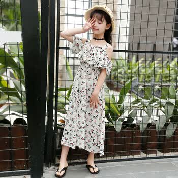 lolado童装夏季儿童碎花长裙女装露肩连衣裙8-9十岁小女孩韩版公主裙