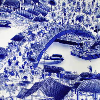 雅川礼瓷 景德镇陶瓷器 青花骨瓷精品赏盘看盘挂盘  高档陶瓷工艺品装饰摆件 清明上河图