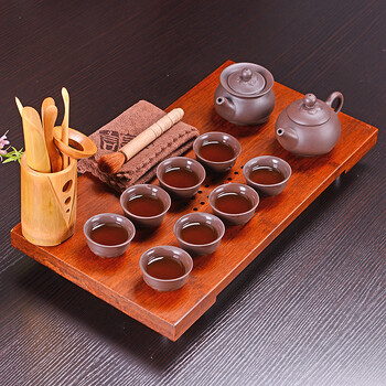 言艺 茶具套装 莲花紫砂配重竹静心茶盘套装