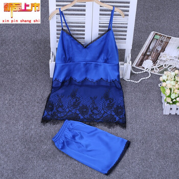 睡衣女夏季蕾丝拼接领吊带短裤两件套装 时尚性感仿真丝绸睡衣 宝蓝色