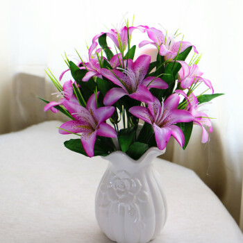 百合花仿真花套装 陶瓷花瓶客厅桌面摆件绢花假花艺隔断装饰花 紫色3