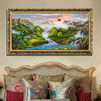 艺色里聚宝盆油画 风水画 纯手绘大幅山水风景客厅装饰画壁画挂画横版 1号实木框6厘米 其它尺寸定制代拍