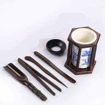 茶具六君子功夫茶具套装配件实木茶道茶匙茶夹茶勺 黑色陶瓷山水六君子