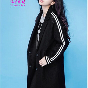 依兰娇媚2015Angelababy明星同款冬季新款女装毛呢外套中长款呢子大衣 黑色 L