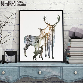 贝占风格 麋鹿一家 北欧单联玄关装饰画有框画书房客厅挂画现代简约卧室画 团聚1 63*83