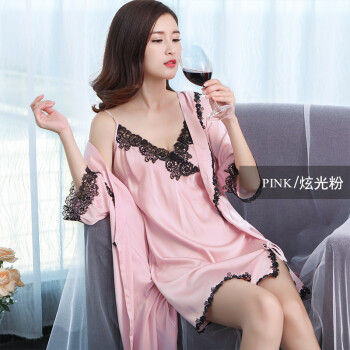 睡衣女夏冰丝 春秋薄款性感情趣蕾丝睡裙睡袍家居服两件套装春秋 藕色