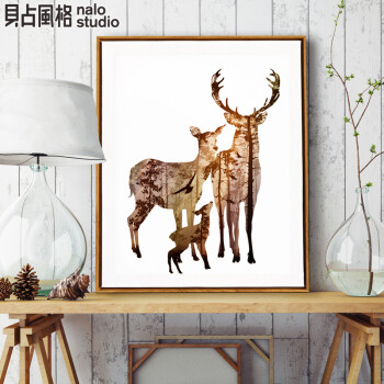 贝占风格 麋鹿一家 北欧单联玄关装饰画有框画书房客厅挂画现代简约卧室画 团聚1 63*83
