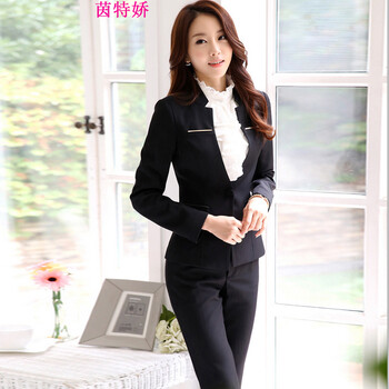 茵特娇 小西装女士修身职业装女装套装小西服女秋装外套正装工作服 外套+白衬衫+裤子 黑外套+黑裤 L