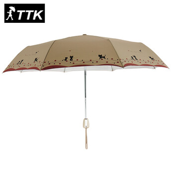 
                                        TTK 超轻女士自动雨伞可爱猫咪晴雨伞三折银胶防晒防紫外线折叠遮阳伞女天蓝色 卡其色                