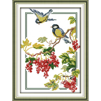 清晰印花浆果小鸟十字绣花鸟花卉花草系列小幅画卧室十字绣小鸟图