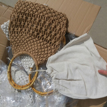 棉绳编织包圆形竹子把手镂空包网兜包手提包