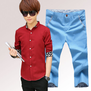 尊首男装五分袖衬衫男青少年修身半袖衬衣男生