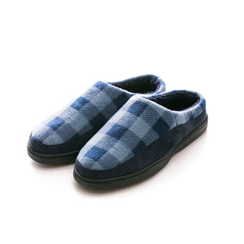 TAYOHYA/多样屋 秋冬棉拖鞋 经典格绒线冬拖 冬季保暖居家拖鞋 办公舒适拖 蓝色 44码