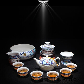 整套茶具 其他品牌 景德镇蜂巢青花瓷玲珑功夫茶具整套装蜂窝镂空陶瓷