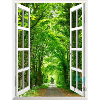 竖款仿真假窗户自粘墙贴画森林风景竹林瀑布溪水唯美墙壁纸 16中式竖