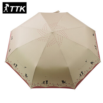 
                                        TTK 超轻女士自动雨伞可爱猫咪晴雨伞三折银胶防晒防紫外线折叠遮阳伞女天蓝色 卡其色                