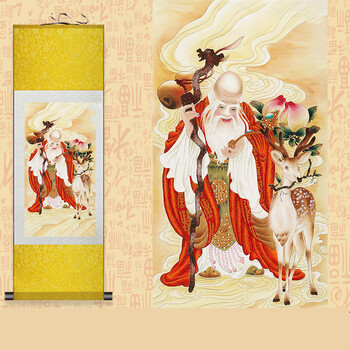 福禄寿老寿星祝寿图卷轴挂画国画书房客厅丝绸装饰画装裱 蓝闪金款