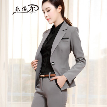 
                                        乐依尔 韩版秋冬款长袖职业套装 工作服套装OL 修身小西服休闲西裤女裙套装 灰色套裤 M                