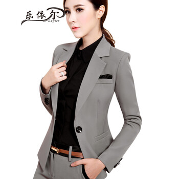
                                        乐依尔 韩版秋冬款长袖职业套装 工作服套装OL 修身小西服休闲西裤女裙套装 灰色套裤 M                