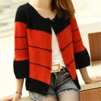 2014秋装韩版女<em>7分袖马海毛短款</em>条纹毛衣针织