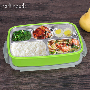 onlycook 学生饭盒儿童分格餐盘 304不锈钢保温带盖创意卡通餐盒 绿色