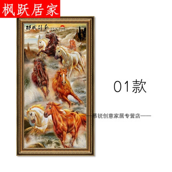 八骏图入户玄关装饰画竖版马到成功国画万马奔腾画客厅八马图挂画