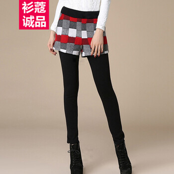 衫蔻诚品  2015秋冬新款女裤韩版格子纯棉加绒加厚假两件打底裤长裤外搭短裤保暖休闲裤 红色格子 XXL