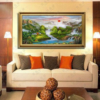 艺色里聚宝盆油画 风水画 纯手绘大幅山水风景客厅装饰画壁画挂画横版 1号实木框6厘米 其它尺寸定制代拍