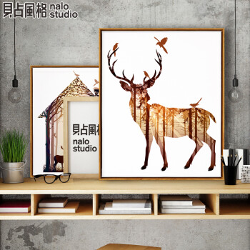 贝占风格 麋鹿一家 北欧单联玄关装饰画有框画书房客厅挂画现代简约卧室画 团聚1 63*83