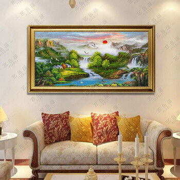 艺色里聚宝盆油画 风水画 纯手绘大幅山水风景客厅装饰画壁画挂画横版 1号实木框6厘米 其它尺寸定制代拍