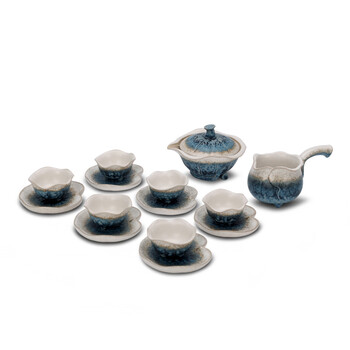 万仟堂 整套茶具套装 功夫茶具 陶瓷汝窑功夫茶具 茶壶茶海杯碟 台湾汝窑茶具 秋荷一池 成套茶具不带茶盘