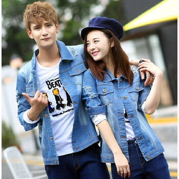 <em>情侣</em>装秋装2014实拍新品男女款<em>水洗磨破牛仔</em>