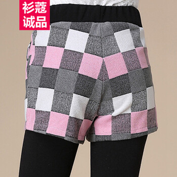衫蔻诚品  2015秋冬新款女裤韩版格子纯棉加绒加厚假两件打底裤长裤外搭短裤保暖休闲裤 红色格子 XXL