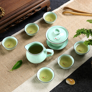 樱艺青瓷功夫茶具 龙泉青瓷茶具套装 盖碗 陶瓷茶具杯茶海 功夫茶杯鱼杯套装 8件套
