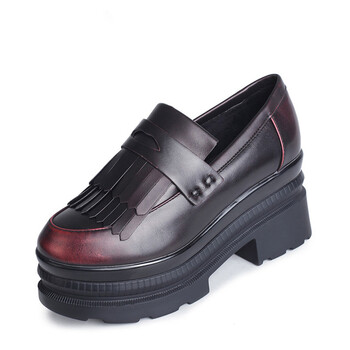 低调女人厚底松糕鞋女秋冬季流苏圆头坡跟皮鞋