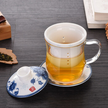 
                                                            小北家NORTHOME 三件式四件套陶瓷过滤内胆 耐热玻璃泡茶杯 带盖青花瓷办公杯会议杯 青花瓷                