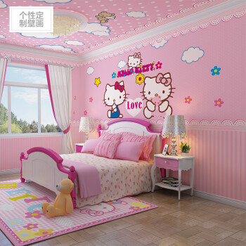 kitty猫卡通女孩儿童房墙纸 无缝卧室背景墙墙布粉色可爱温馨壁纸