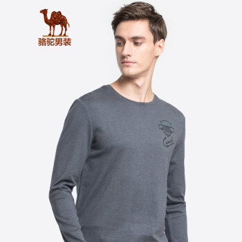 骆驼（CAMEL）男装 春季男士青年圆领印花休闲弹力保暖长袖T恤男 深灰 XL
